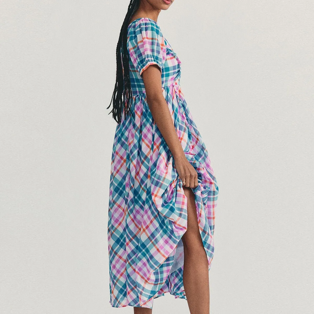 BerriesJam - 2024Plaid Pattern Square Neck Lantern Sleeve Maxi Dress