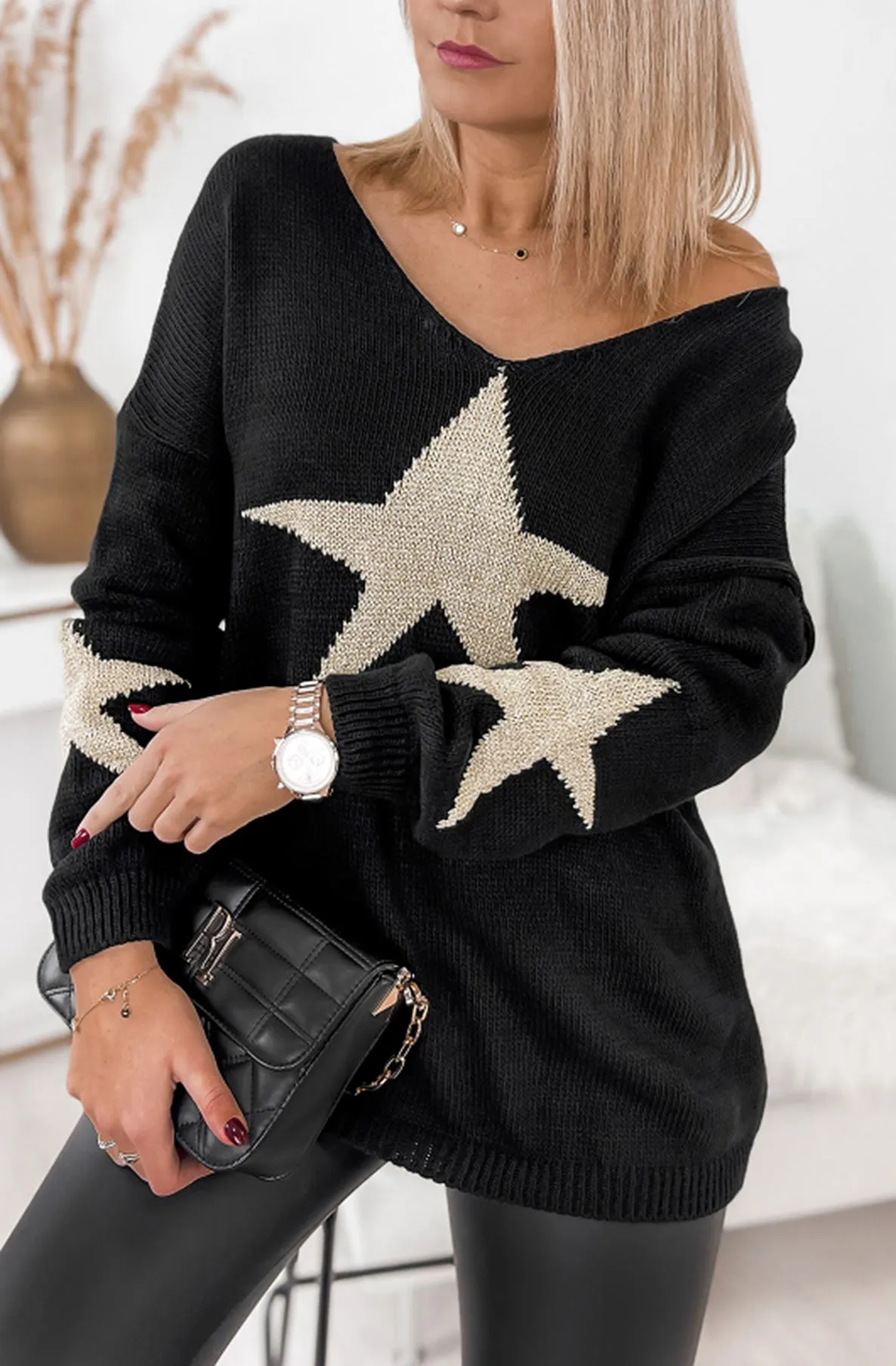 Bethany 'Star' Shimmer Knitted Jumper Top-Black