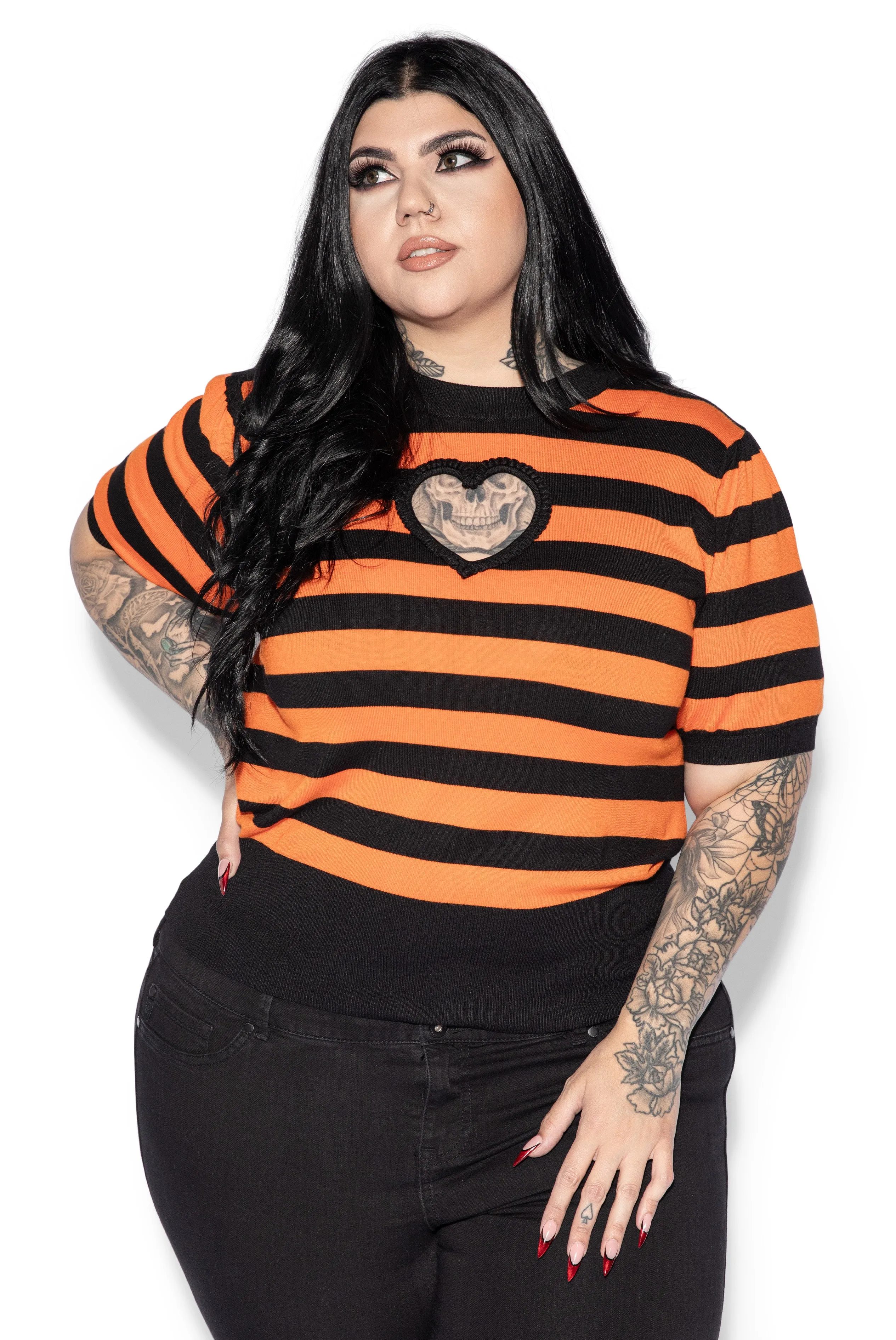 Black & Orange Striped Heart Sweater