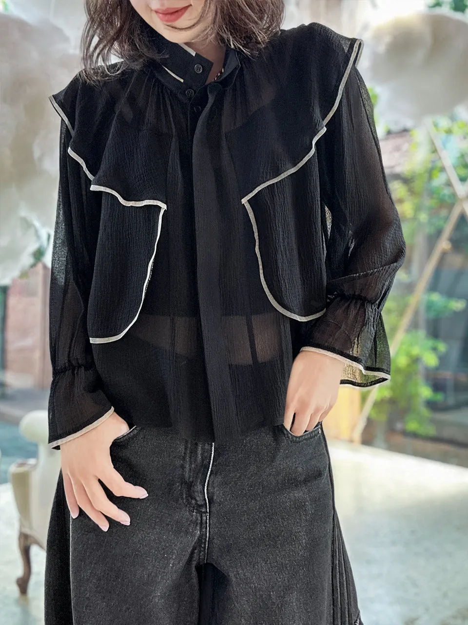 Black Mesh Trim Stand Collar Silky Blouse