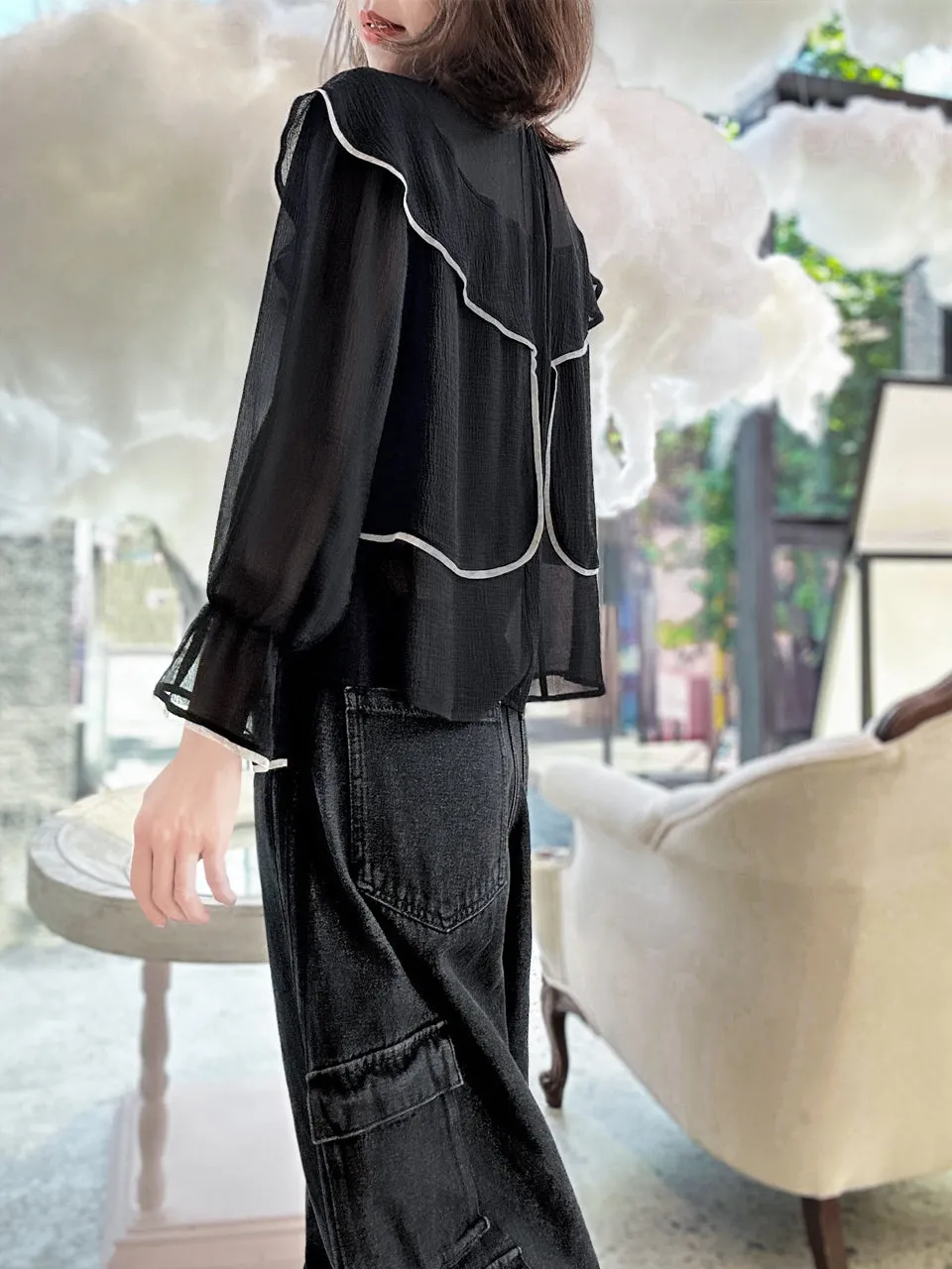 Black Mesh Trim Stand Collar Silky Blouse