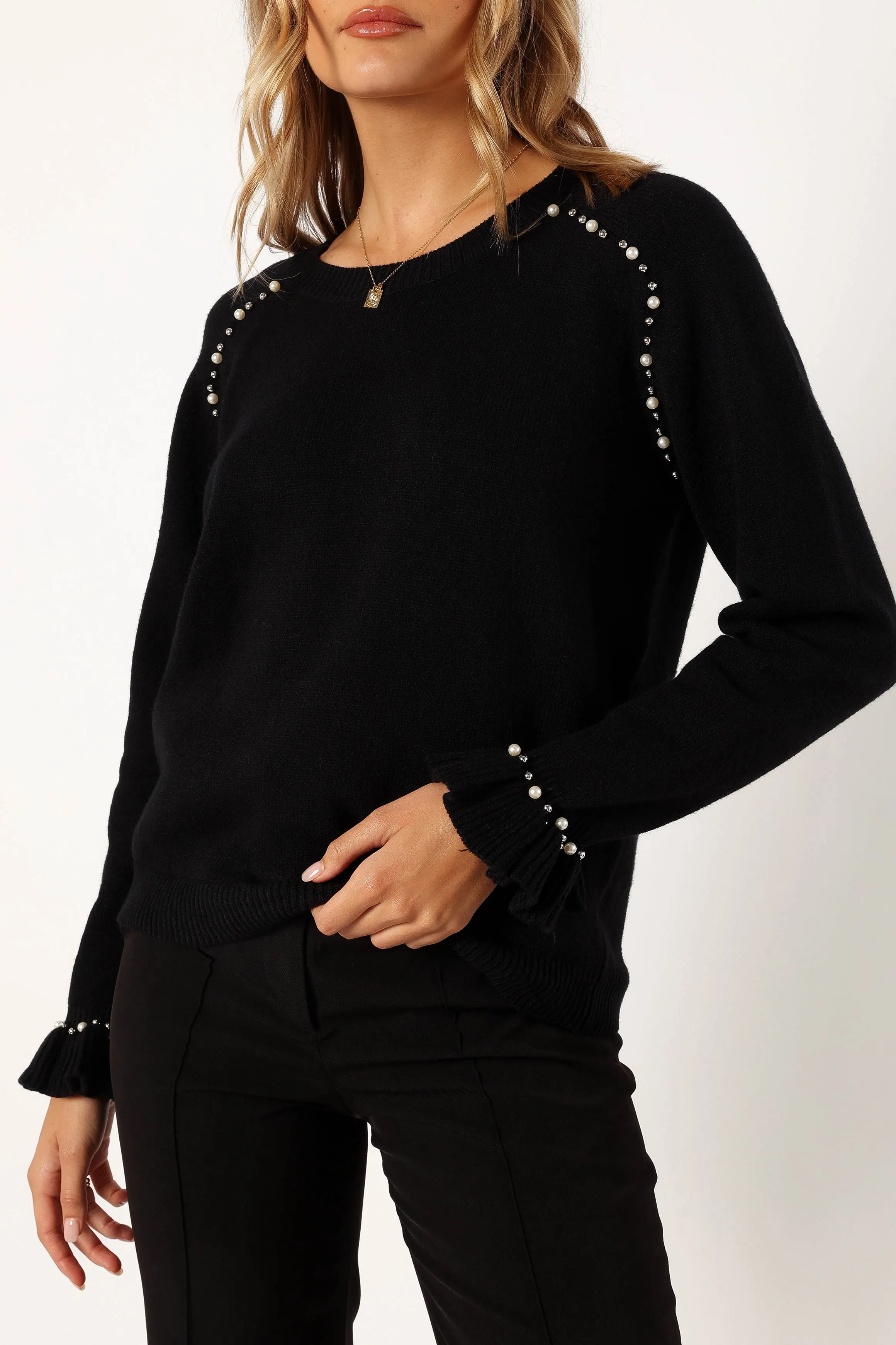 Blakely Pearl Detail Knit Sweater - Black