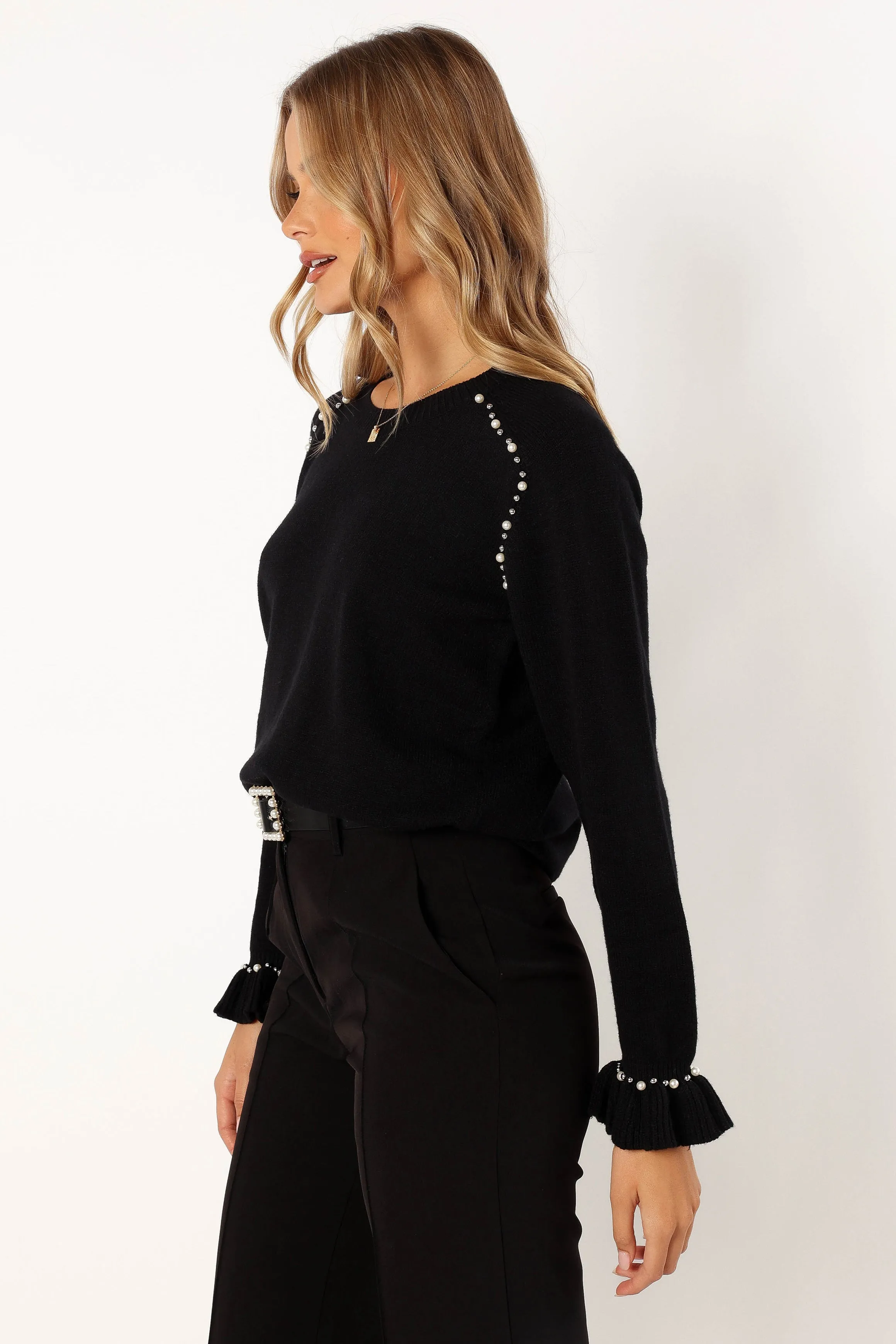 Blakely Pearl Detail Knit Sweater - Black