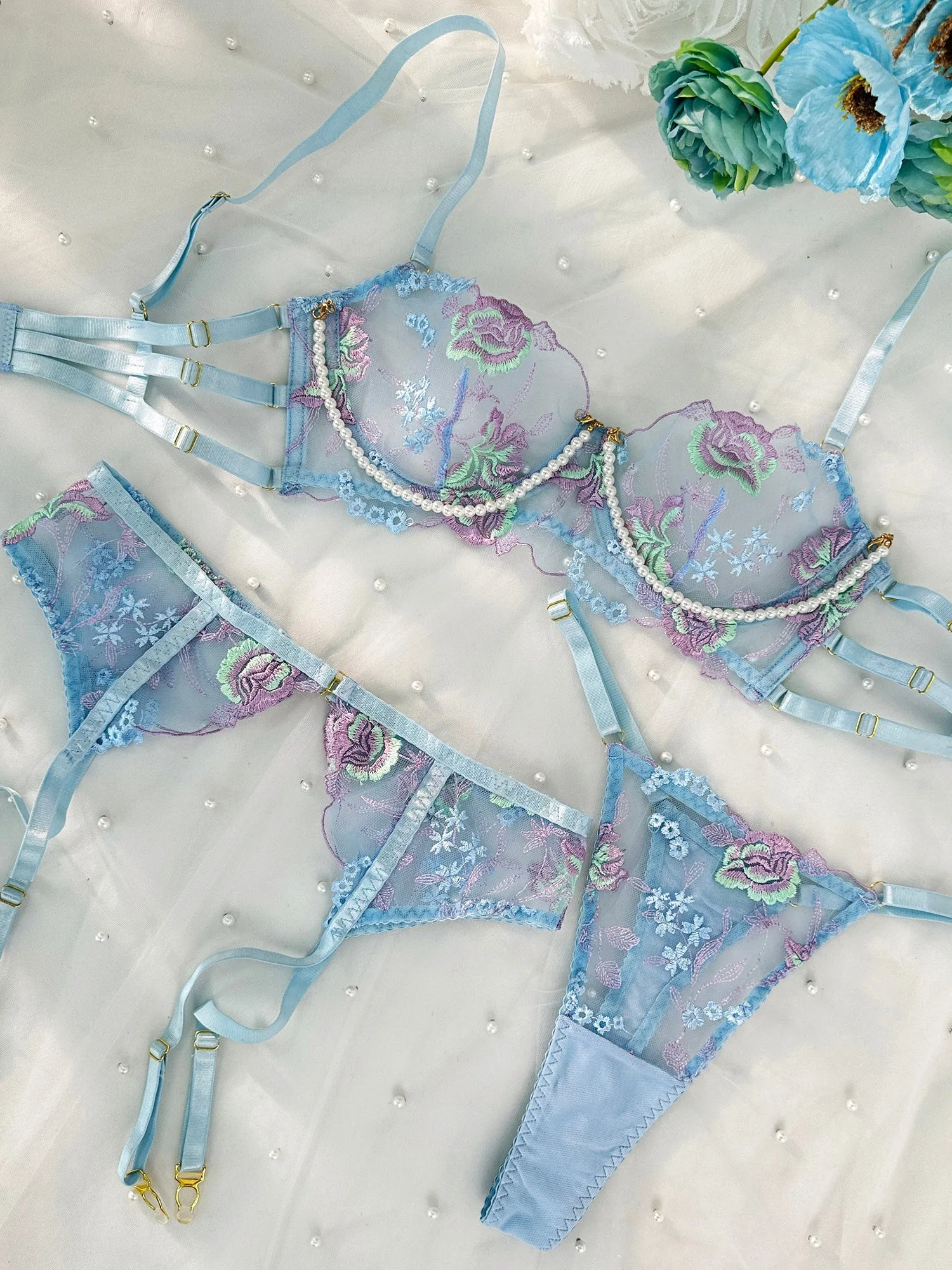 Blue Floral Embroidery Pearl Chain Lingerie Set