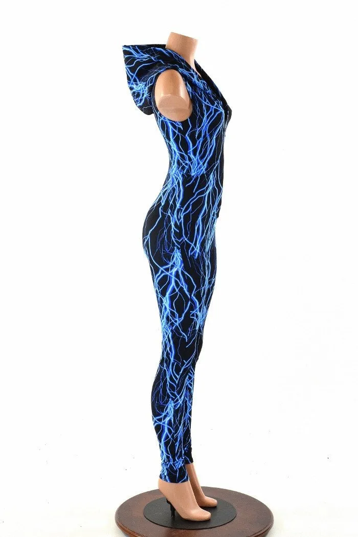 Blue Lightning Zipper Hoodie Catsuit