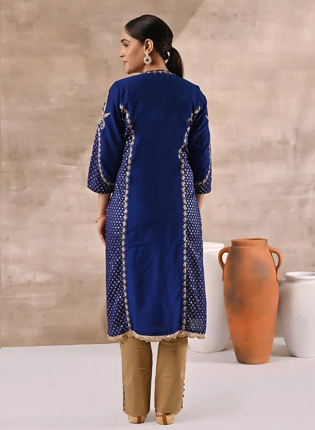 Blue Printed Kurta With Embroidery