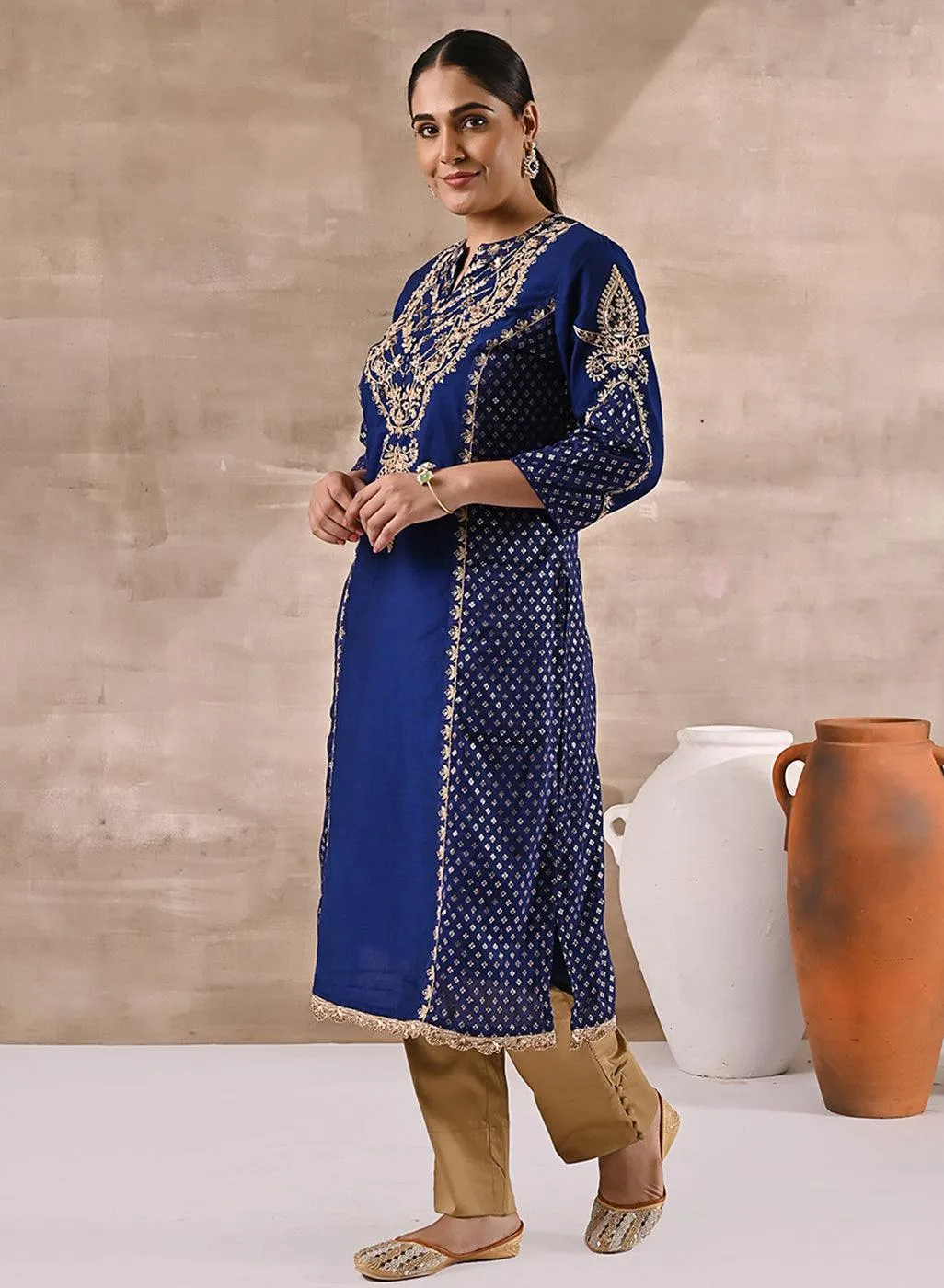 Blue Printed Kurta With Embroidery