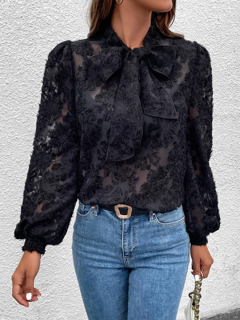 Bow Tie Neck Lantern Sleeve Blouse