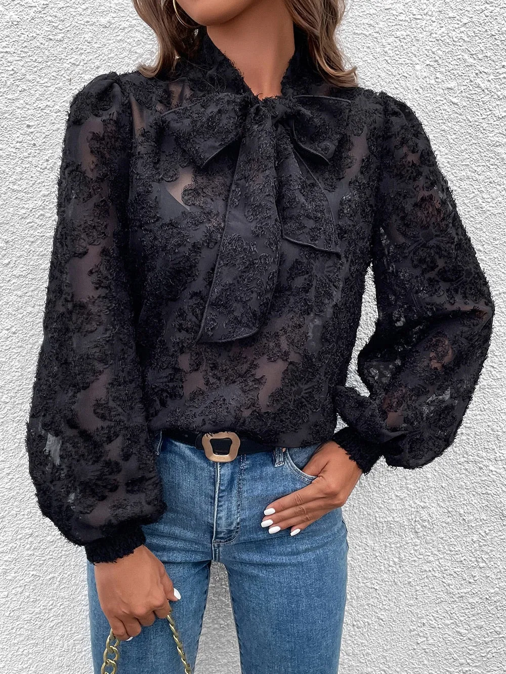 Bow Tie Neck Lantern Sleeve Blouse