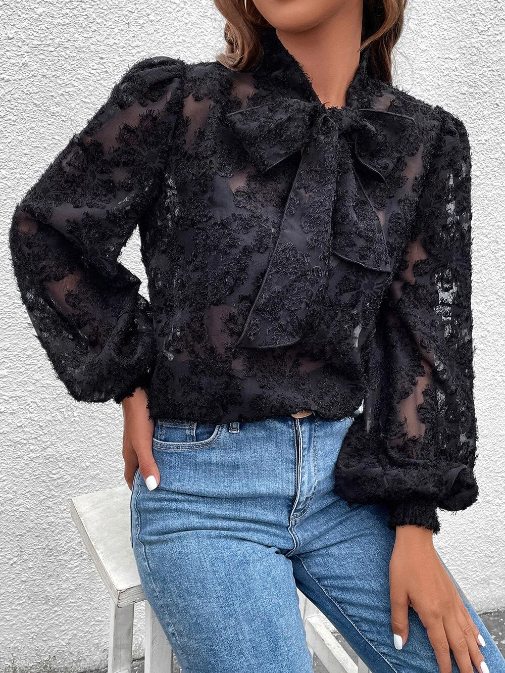 Bow Tie Neck Lantern Sleeve Blouse