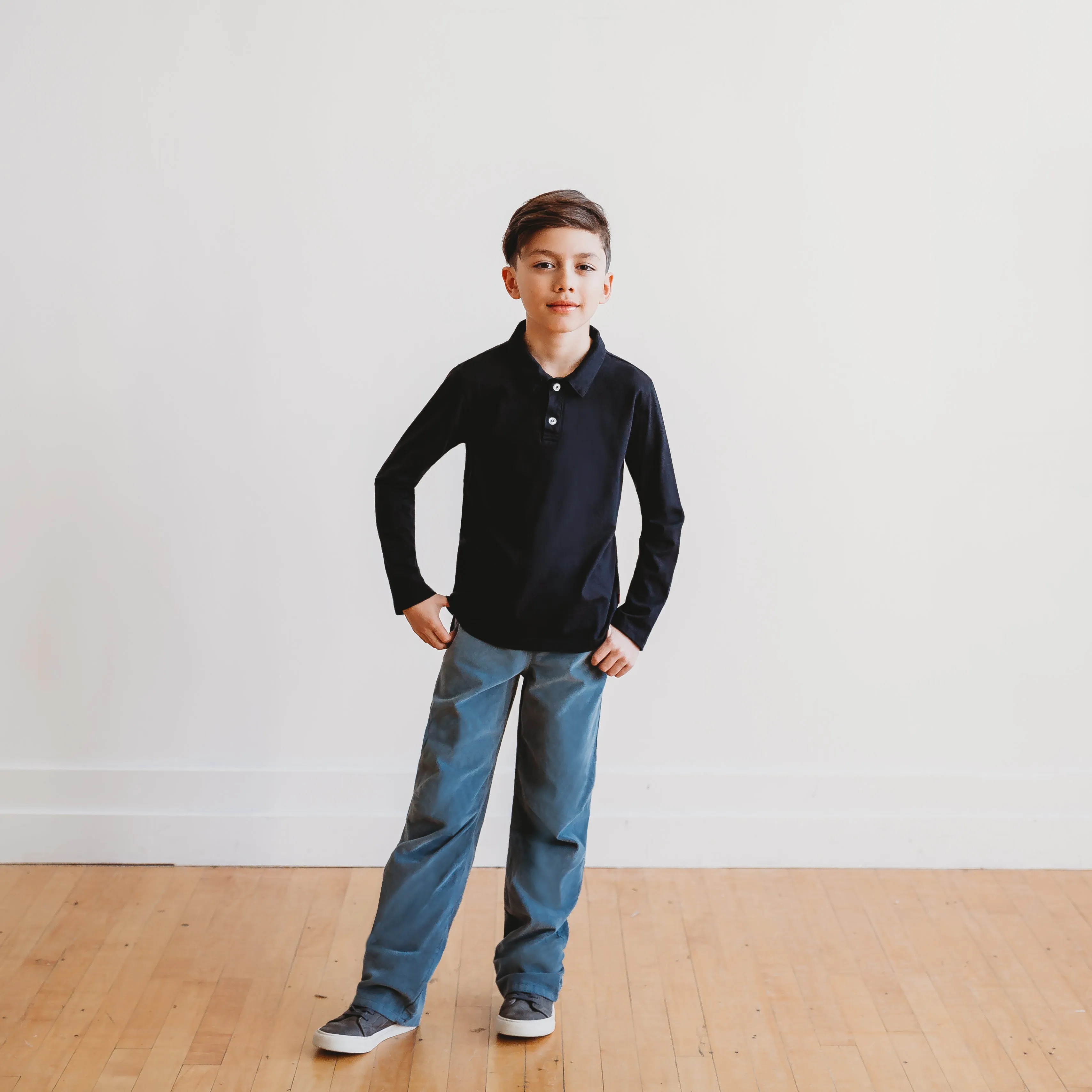 Boys Soft Cotton Jersey 2-Button Long Sleeve Polo Shirt | Dark Navy