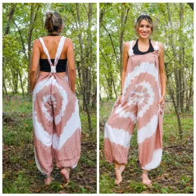 Brown and White Hand Dyed Hippie Racerback Dungarees Jumpsuit Romper