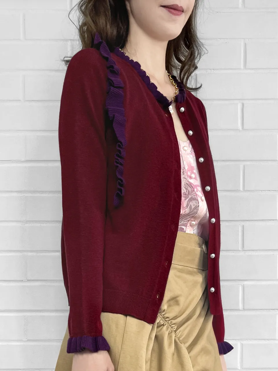 Burgundy/ Purple Contrast Ruffle Cashmere & Wool Cardigan