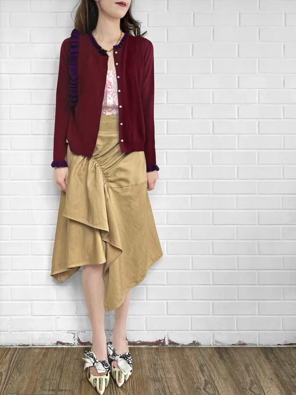 Burgundy/ Purple Contrast Ruffle Cashmere & Wool Cardigan