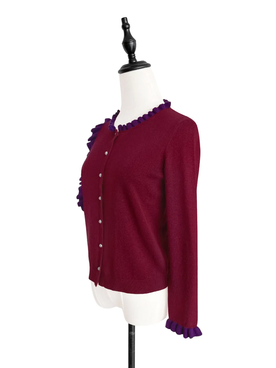 Burgundy/ Purple Contrast Ruffle Cashmere & Wool Cardigan