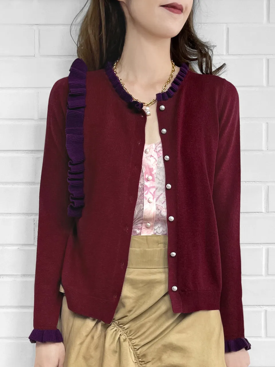 Burgundy/ Purple Contrast Ruffle Cashmere & Wool Cardigan