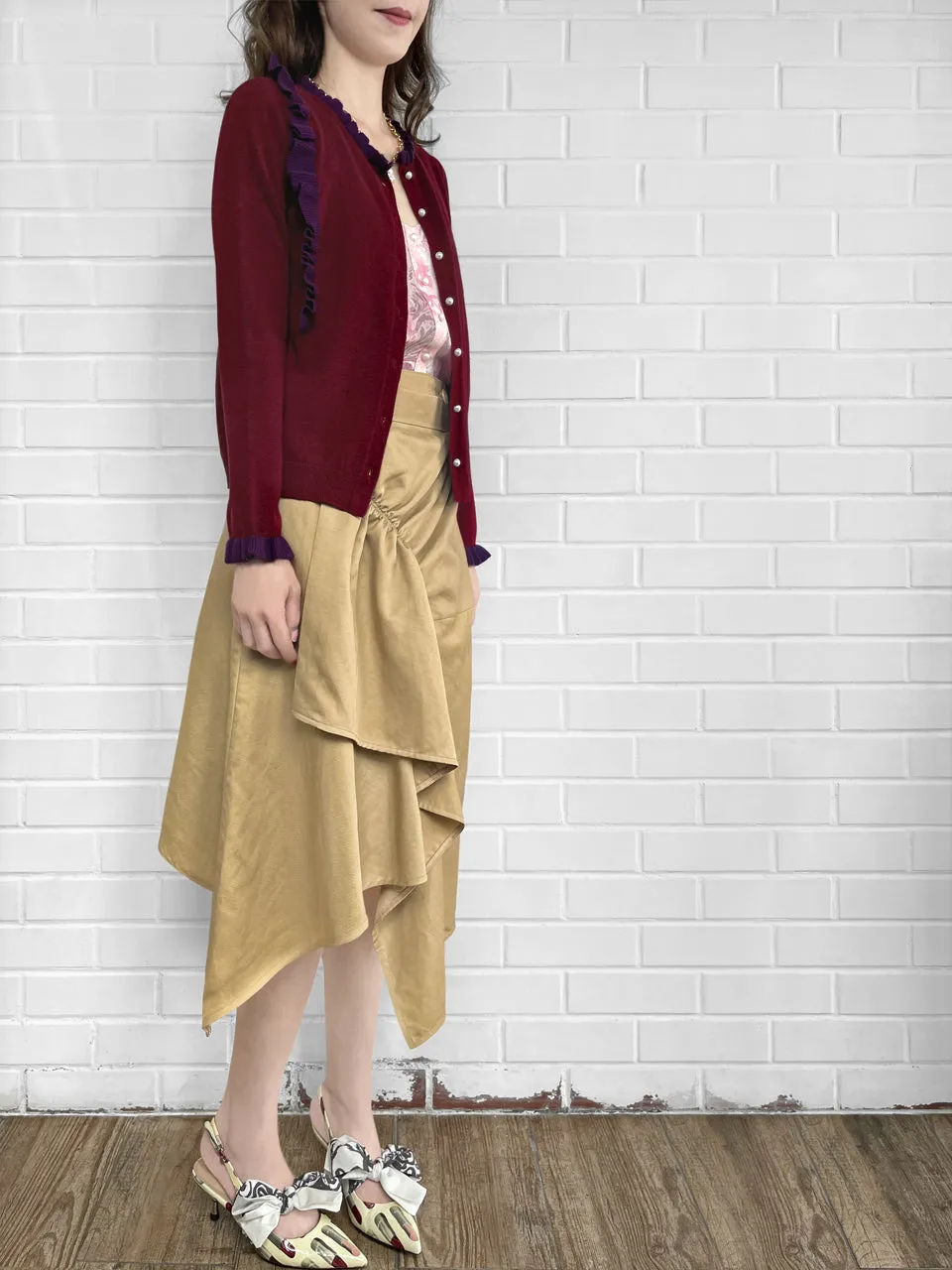 Burgundy/ Purple Contrast Ruffle Cashmere & Wool Cardigan