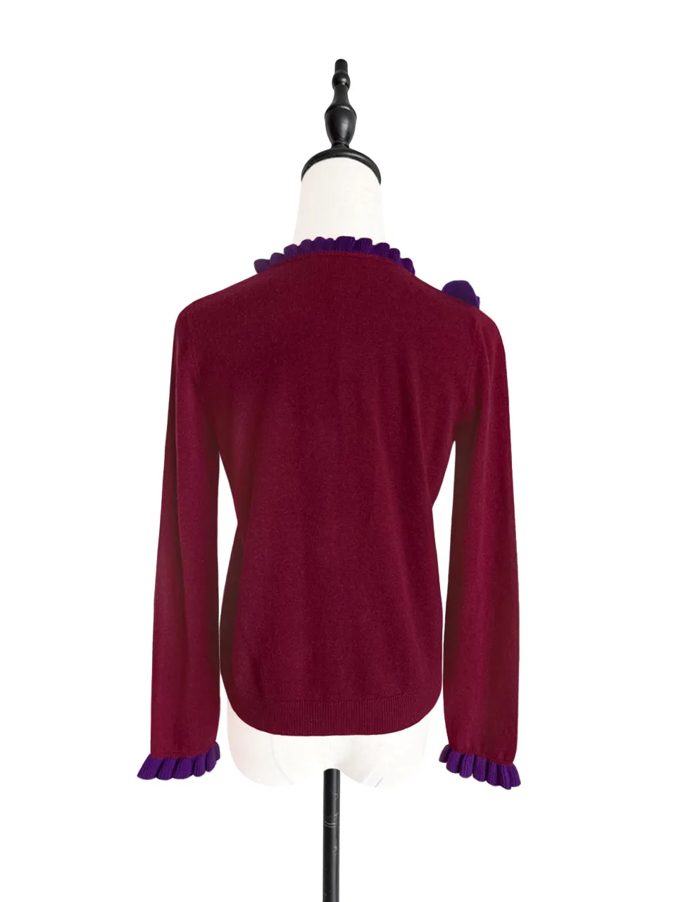 Burgundy/ Purple Contrast Ruffle Cashmere & Wool Cardigan