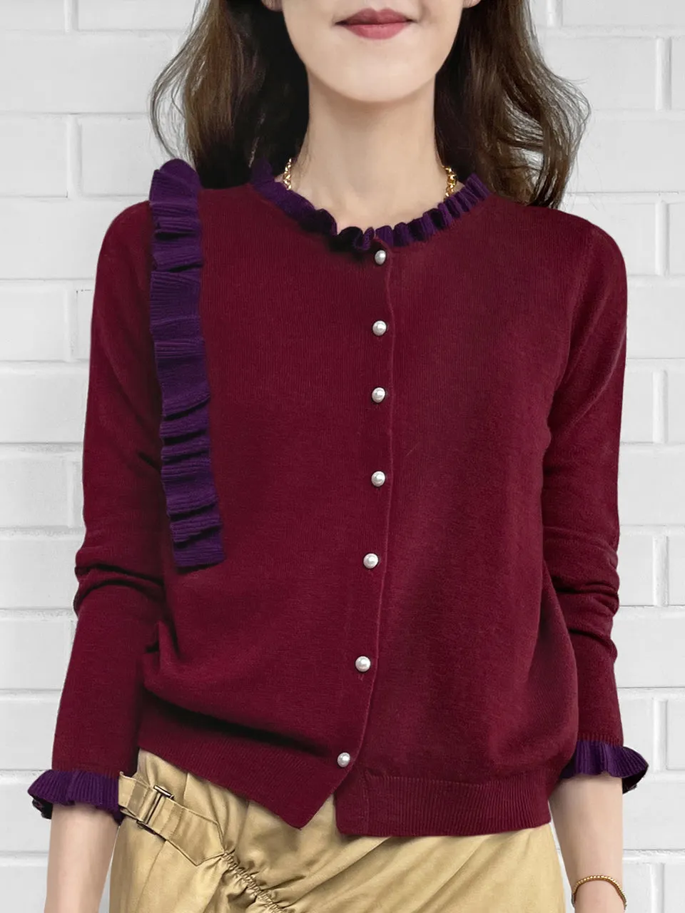 Burgundy/ Purple Contrast Ruffle Cashmere & Wool Cardigan