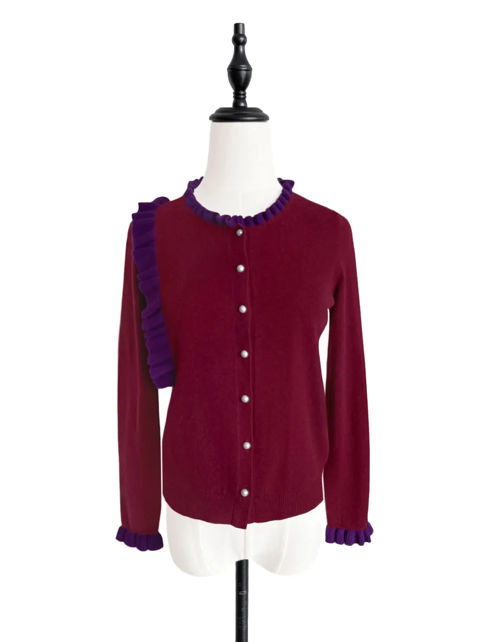 Burgundy/ Purple Contrast Ruffle Cashmere & Wool Cardigan