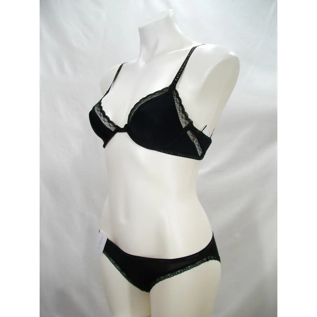 Calvin Klein QF1418 Signature Unlined Plunge UW Bra 32B & D3447 Bottoms Up Bikini Set Black NWT