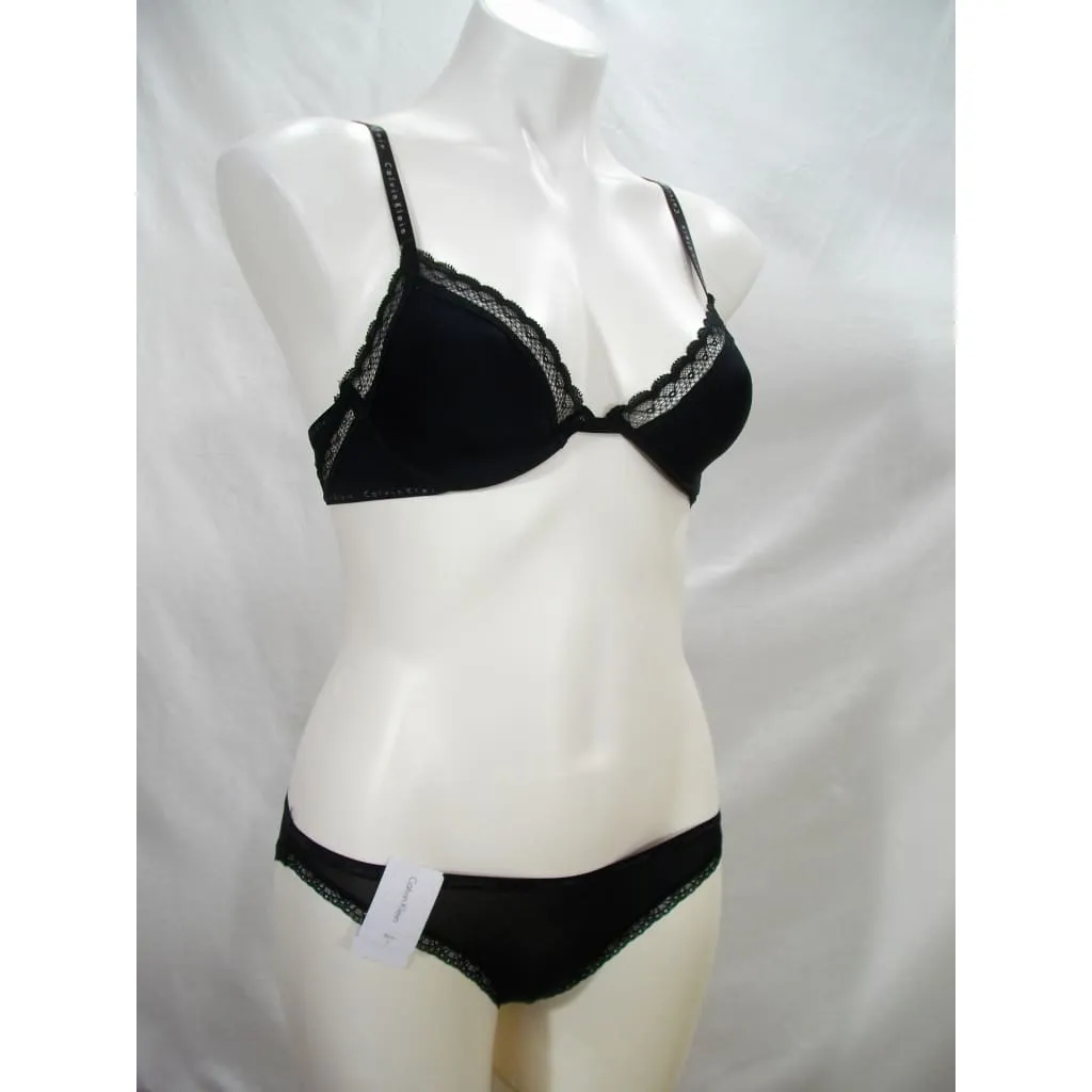 Calvin Klein QF1418 Signature Unlined Plunge UW Bra 32B & D3447 Bottoms Up Bikini Set Black NWT