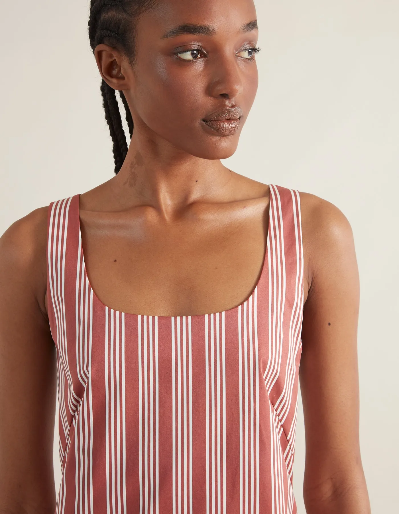 Cece Dark Red Stripe Cotton Dungaree Dress