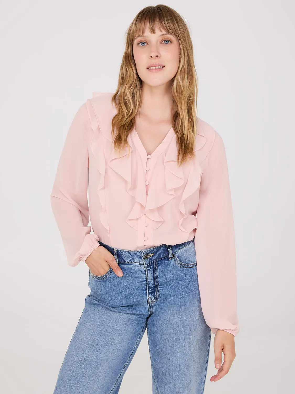 Chiffon Ruffle Button-Front Blouse