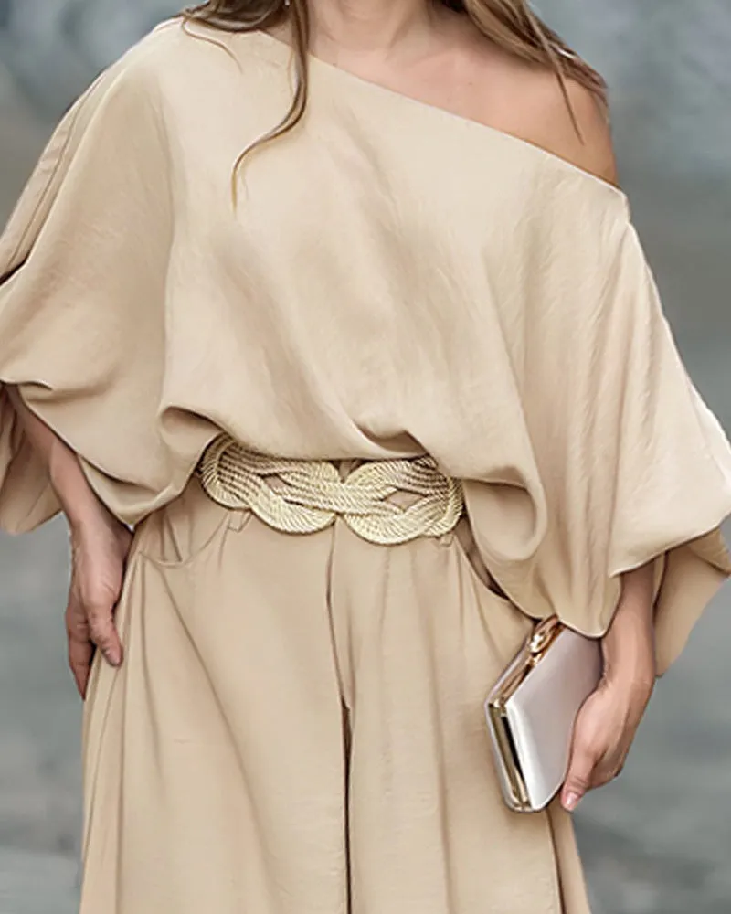 Coffee Off-the-shoulder Lantern Sleeve Loose Top Suit Wide Leg Trousers