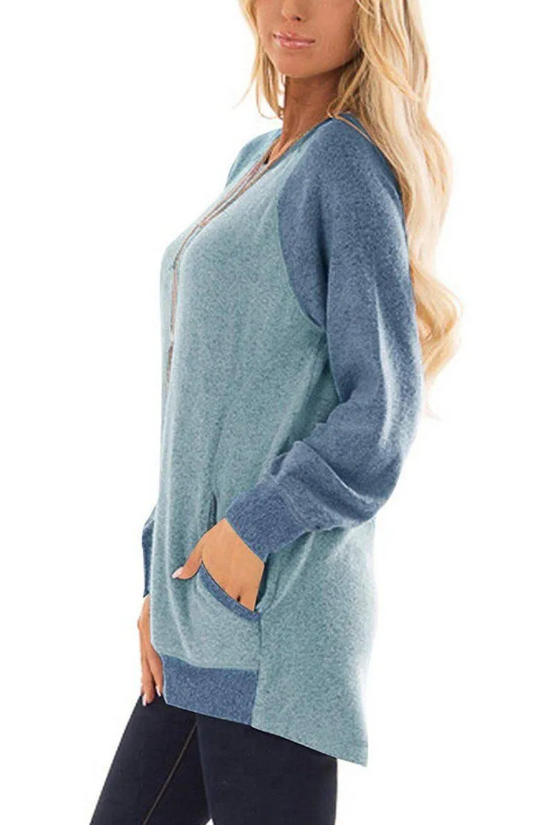 COLOR BLOCKED ROUND NECK SIDE POCKET PULLOVER