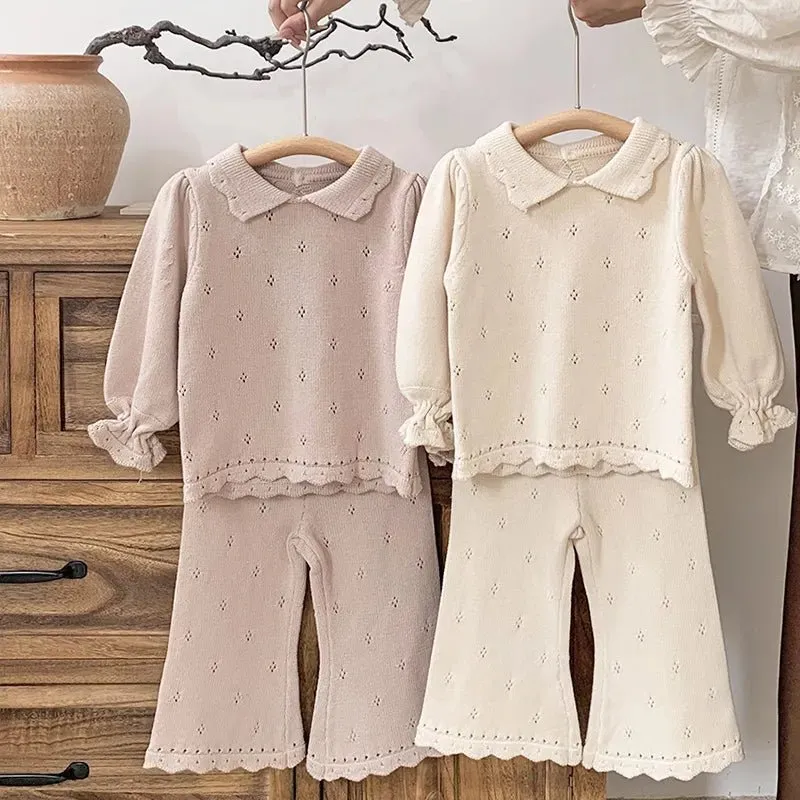 Cream & Pink Frill Sleeve Knit Top and Wide Leg Trousers Set for Girls