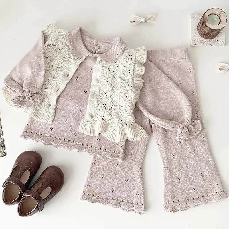 Cream & Pink Frill Sleeve Knit Top and Wide Leg Trousers Set for Girls