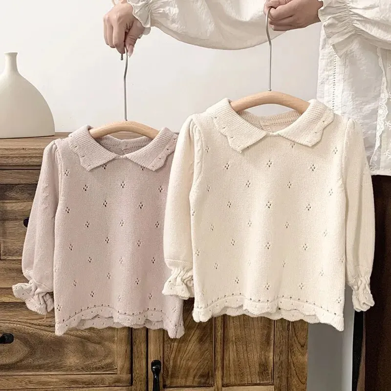 Cream & Pink Frill Sleeve Knit Top and Wide Leg Trousers Set for Girls