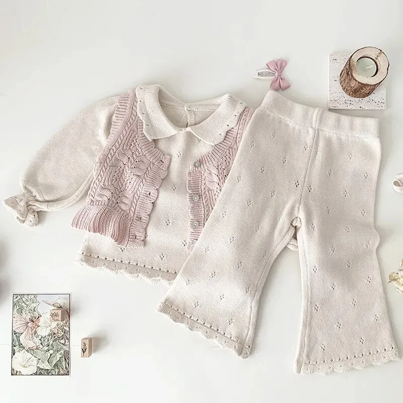 Cream & Pink Frill Sleeve Knit Top and Wide Leg Trousers Set for Girls