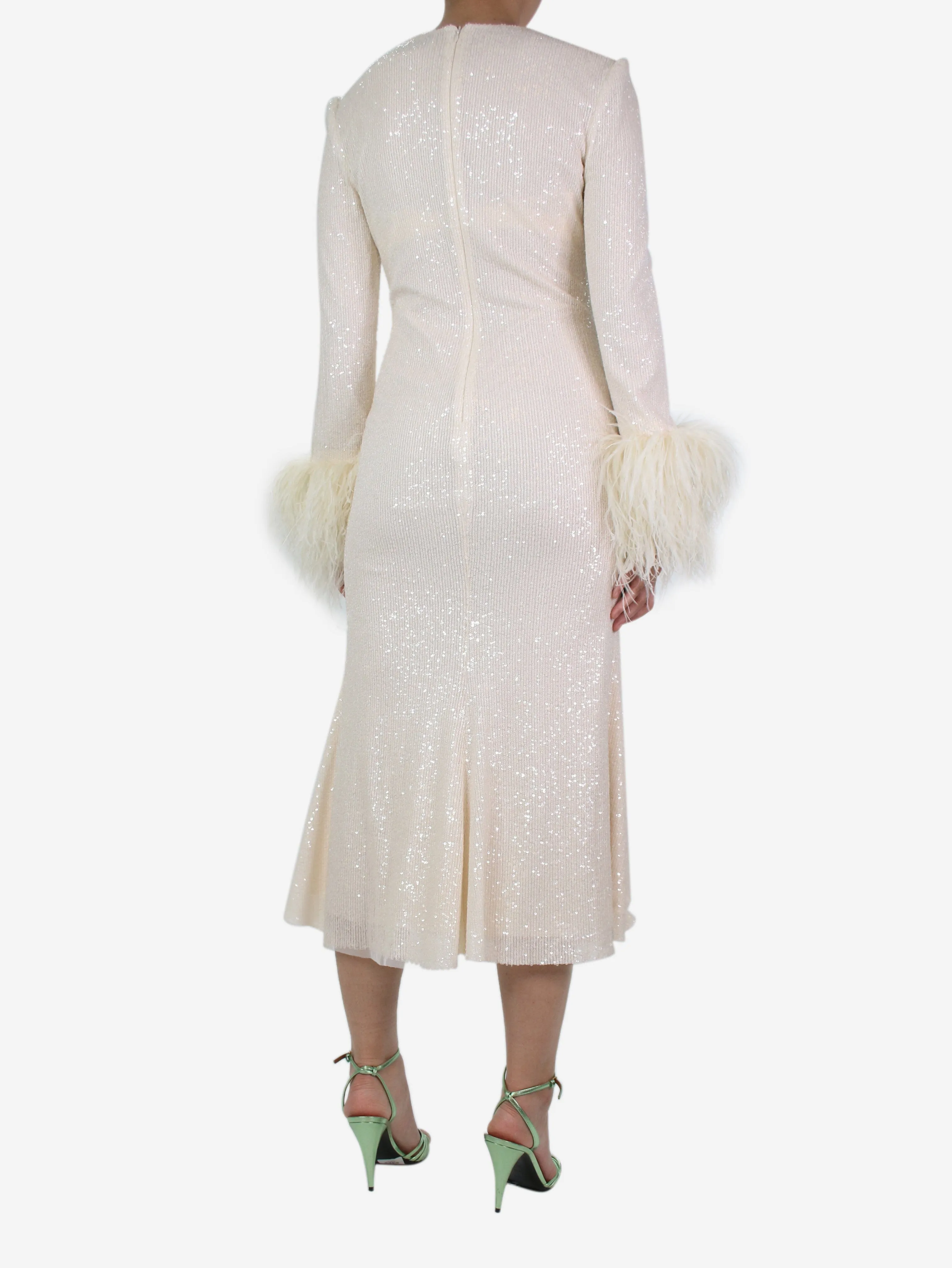 Cream feather-trimmed sequined dress - size UK 10