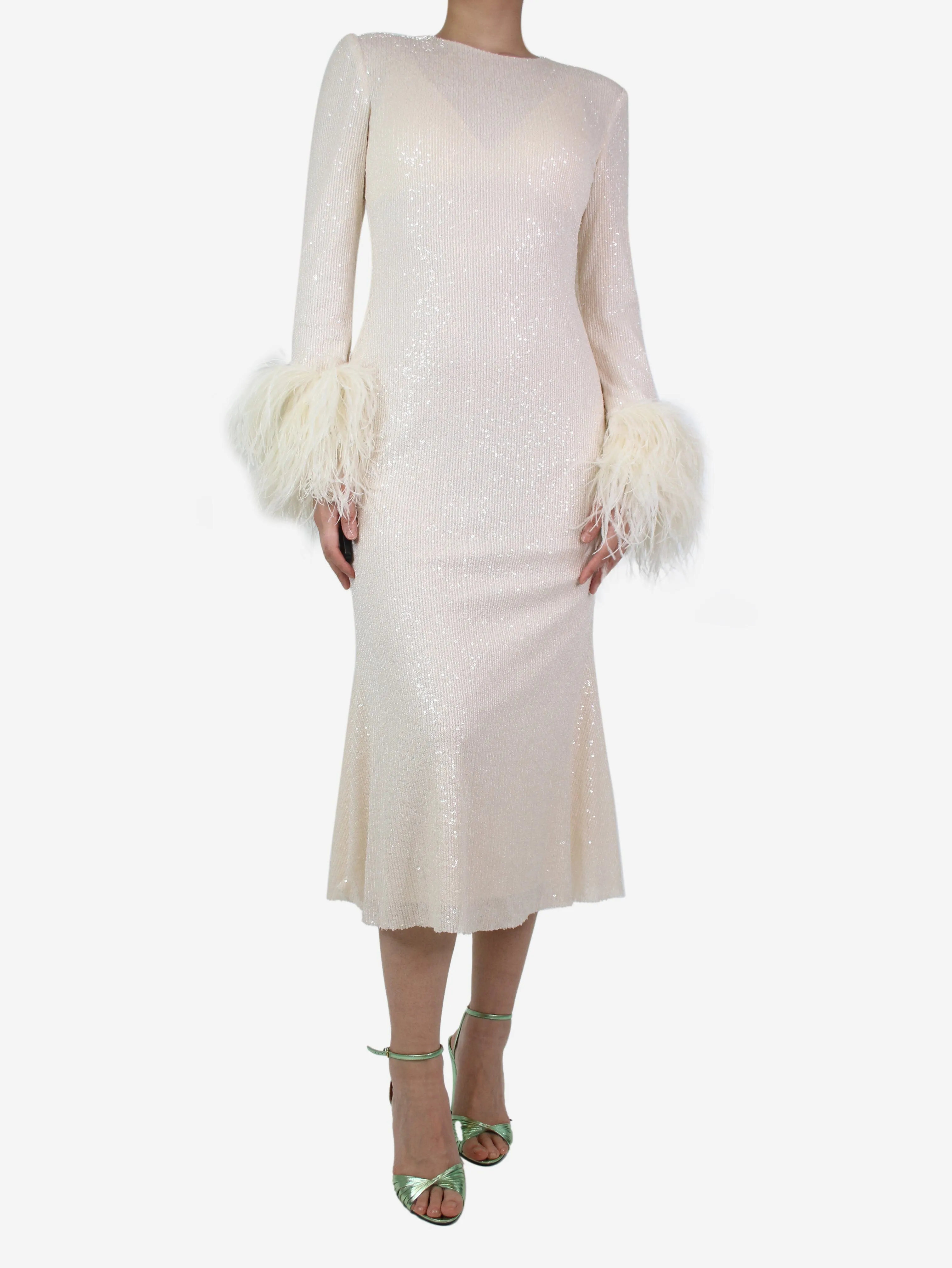 Cream feather-trimmed sequined dress - size UK 10