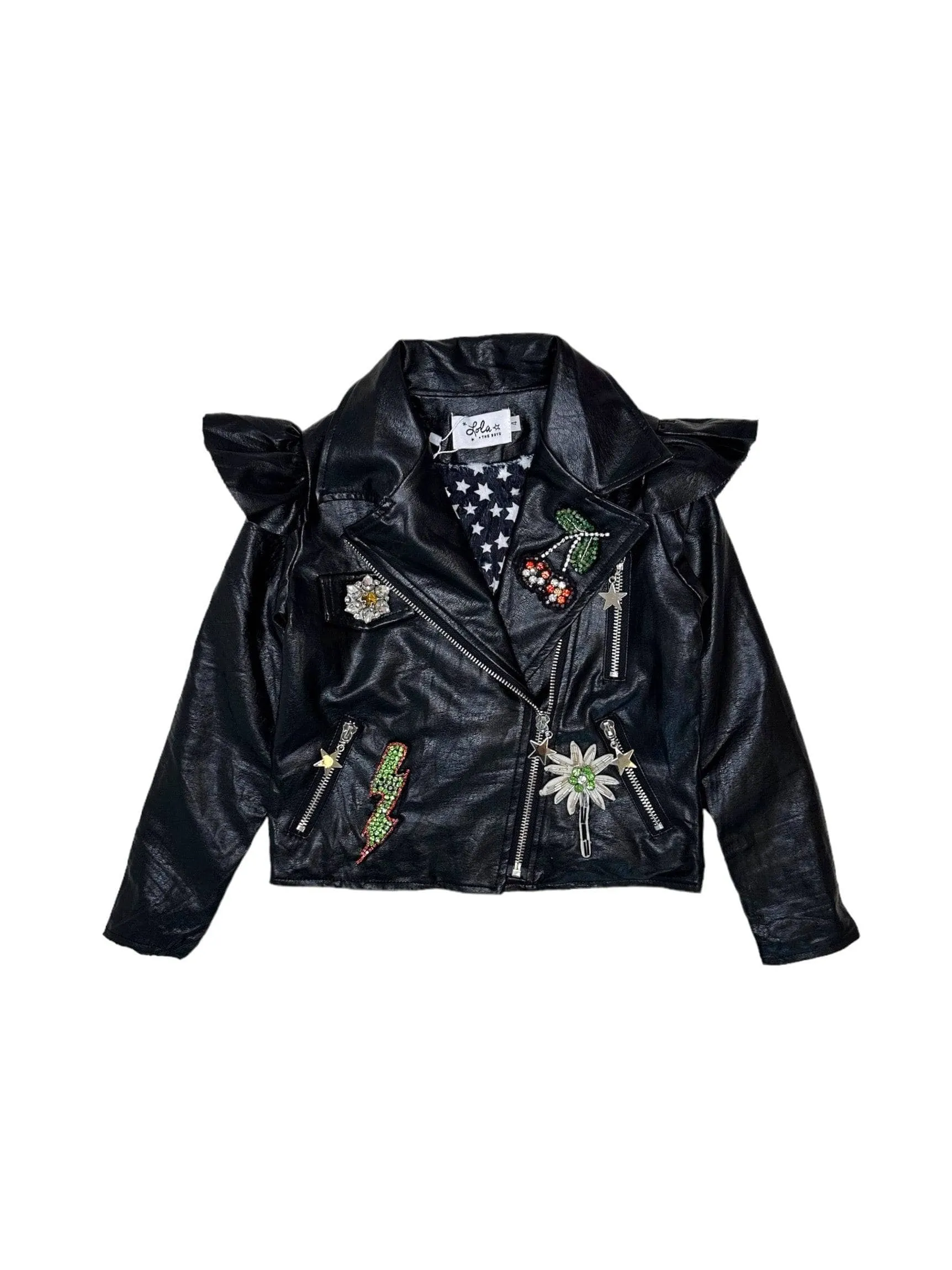 Crystal Patch Ruffle Vegan Leather Jacket