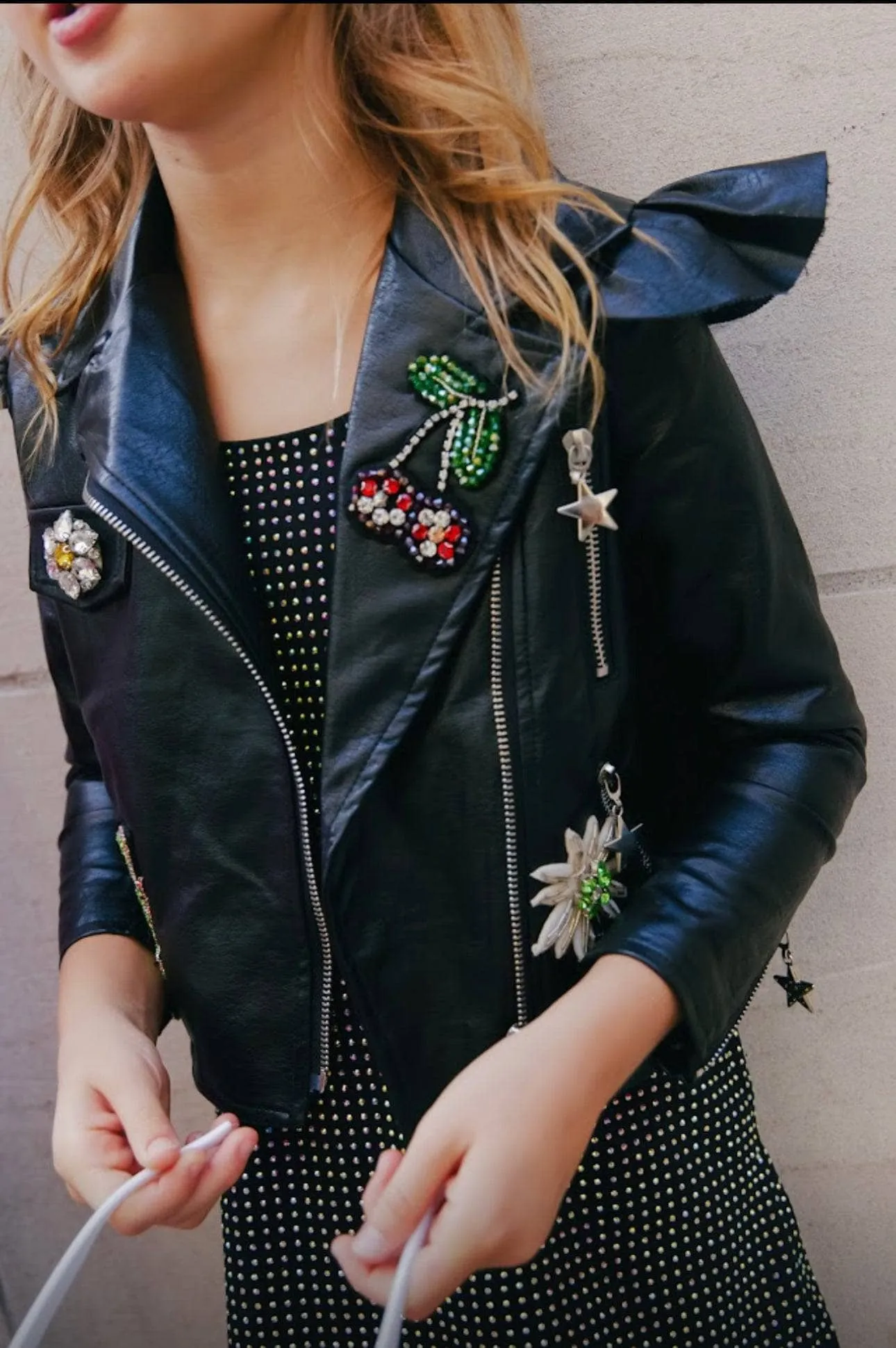 Crystal Patch Ruffle Vegan Leather Jacket