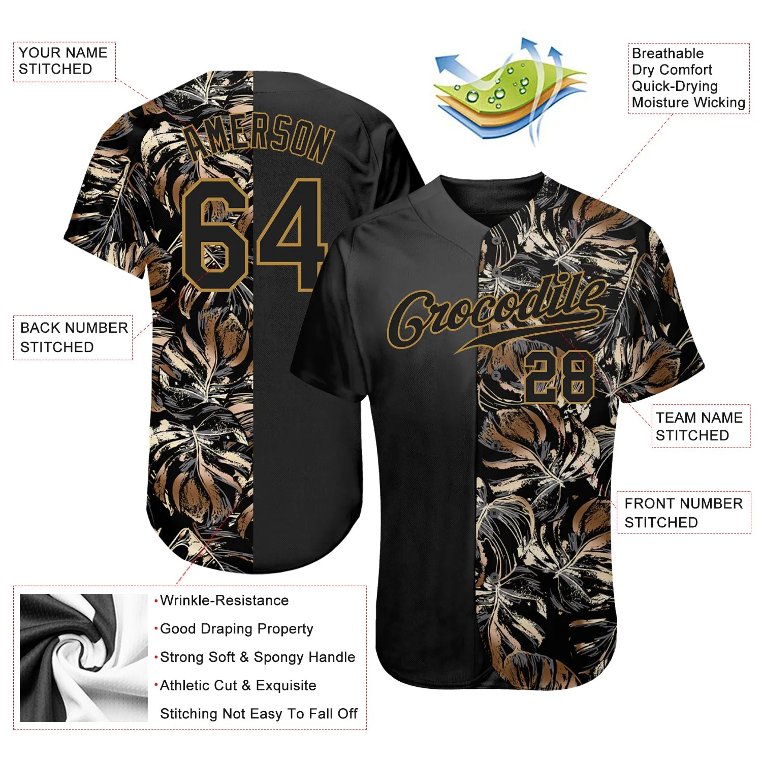 Custom 3D Pattern Design Golden Tropical Leaves In The Style Of Jungle And Hawaii Authentic Baseball Jersey