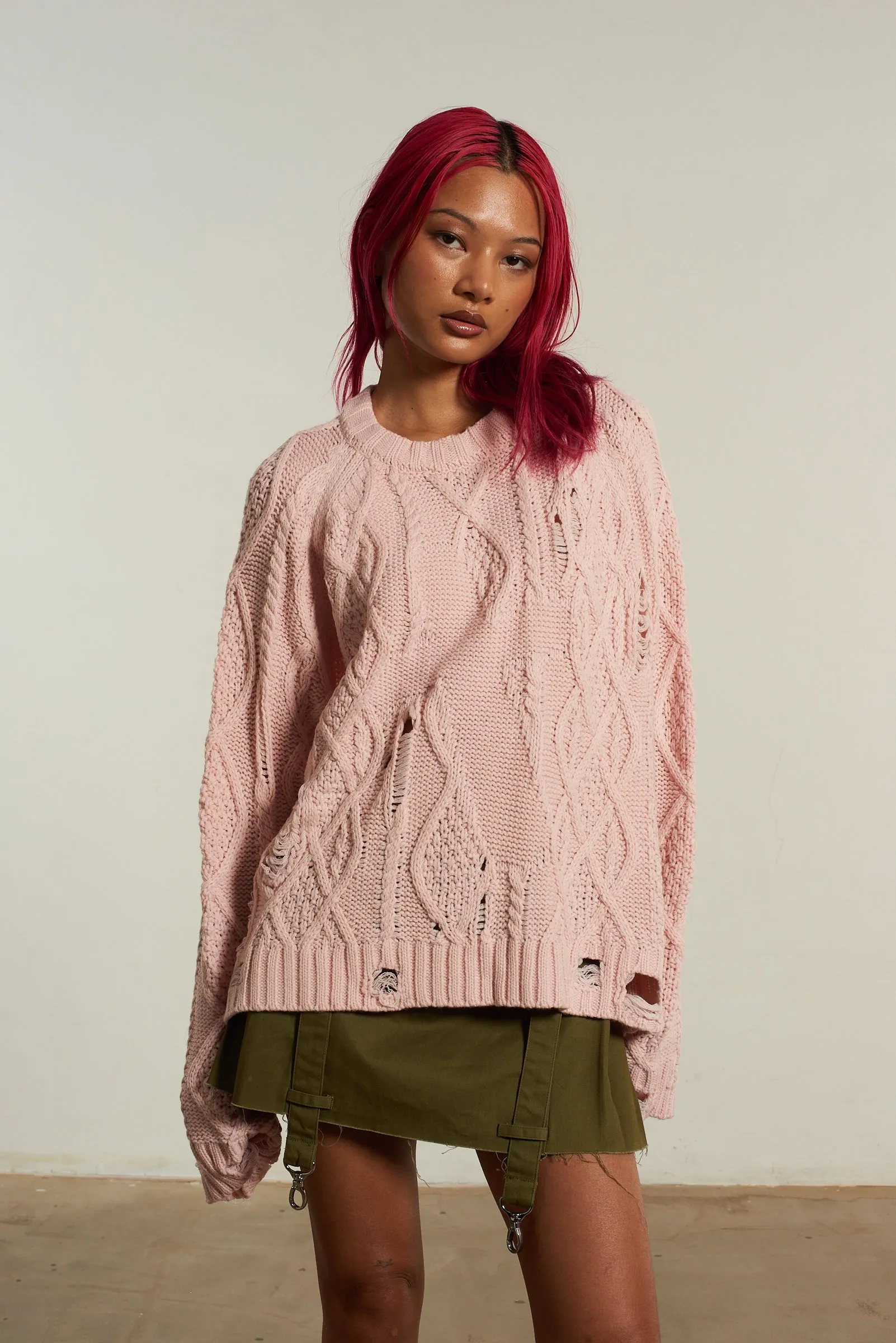 Distressed Cable Knit Pink