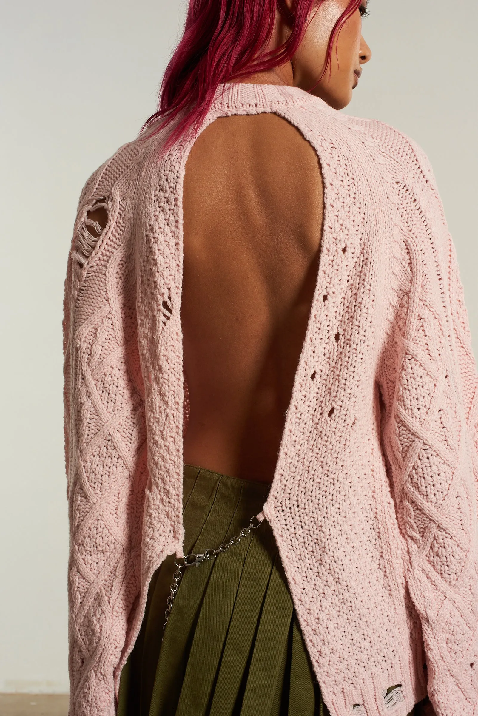 Distressed Cable Knit Pink