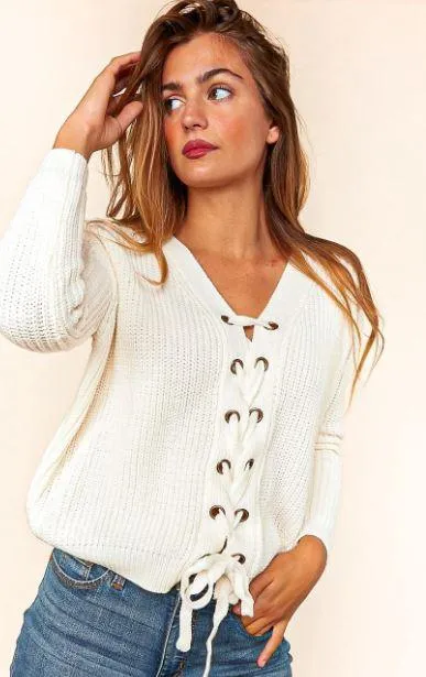 Eyelet Lace Up V Neck Long Sleeve