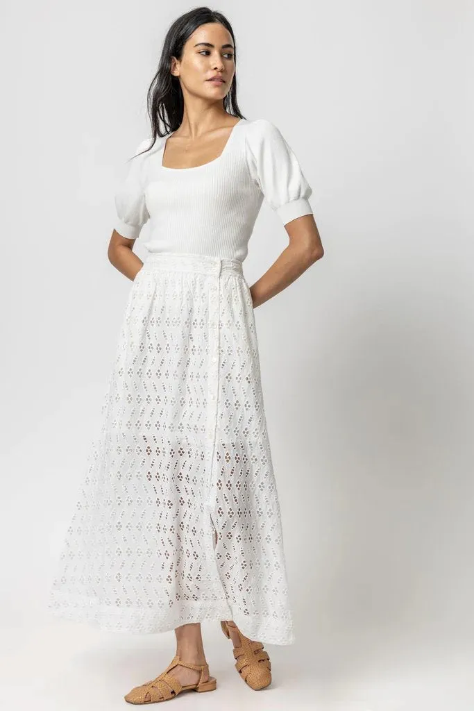 Eyelet Side Button Maxi Skirt White