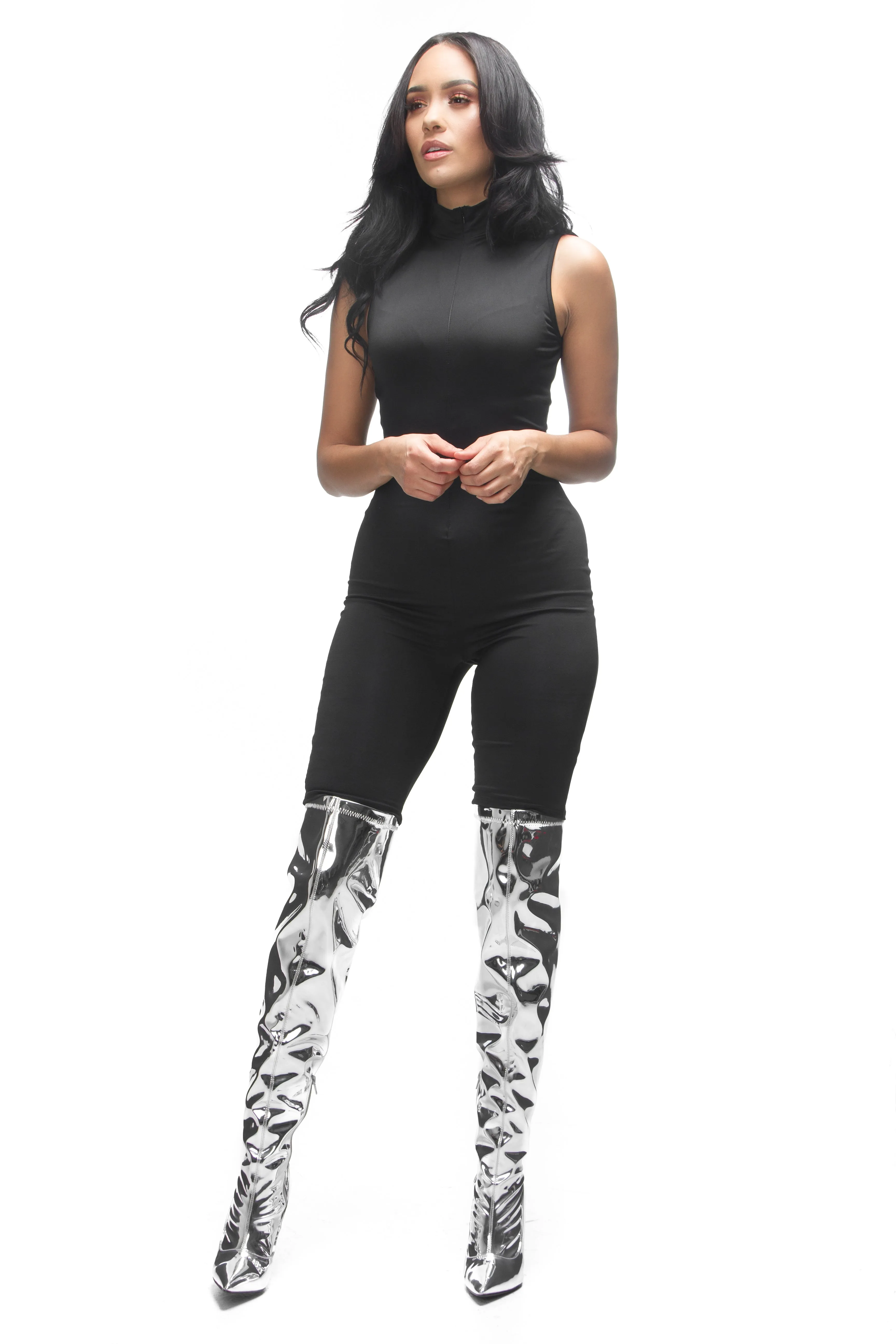 FINAL SALE-THE MYSTYLEMODE BLACK MOCK NECK SHORT JUMPSUIT WITH ZIPPER