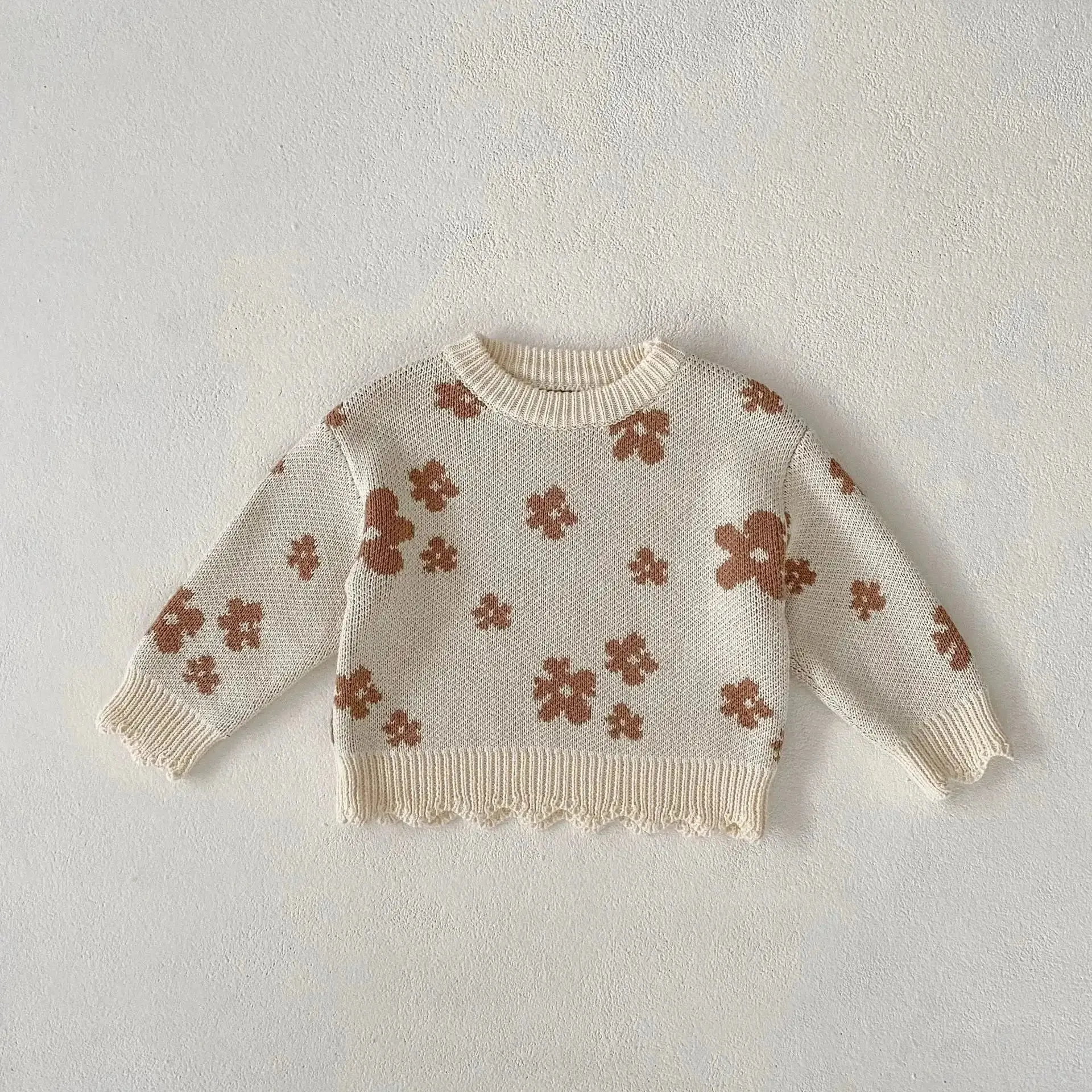 Floral Frill Detail Beige Crew Neck Jumper