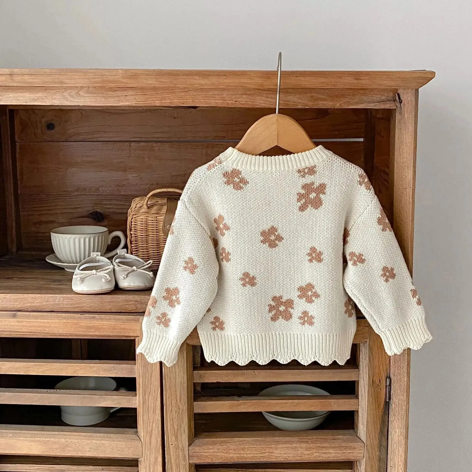 Floral Frill Detail Beige Crew Neck Jumper