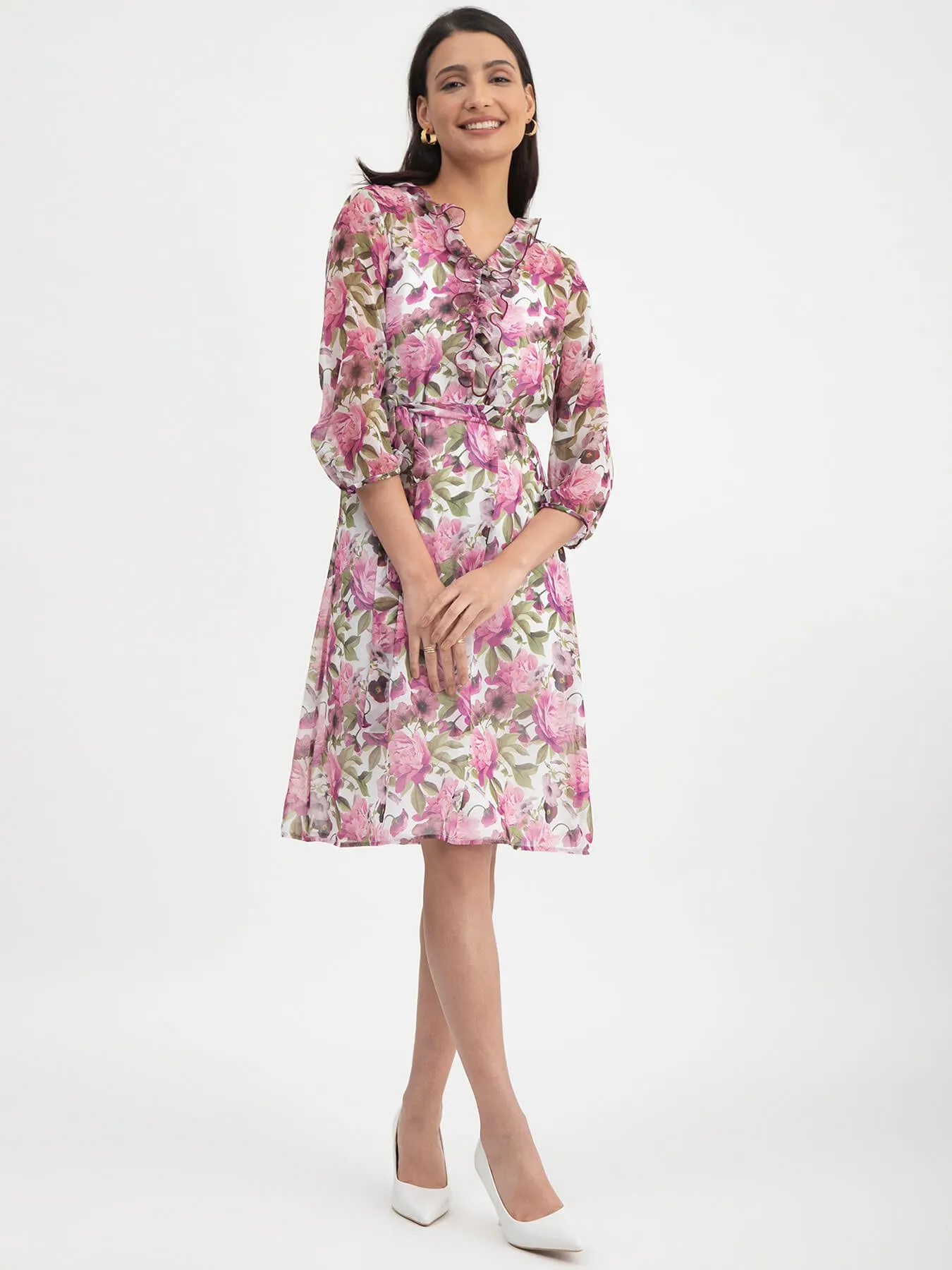 Floral Print Chiffon Dress - White And Purple