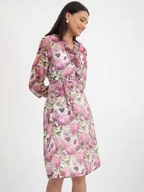 Floral Print Chiffon Dress - White And Purple