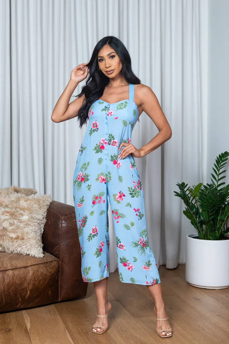 Floral Print Sweetheart Neck Sleeveless Criss Cross Back Jumpsuit in Blue (1751031)