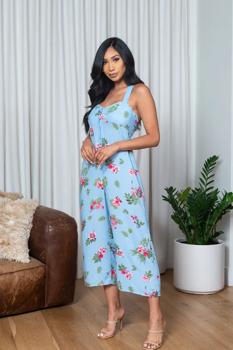 Floral Print Sweetheart Neck Sleeveless Criss Cross Back Jumpsuit in Blue (1751031)